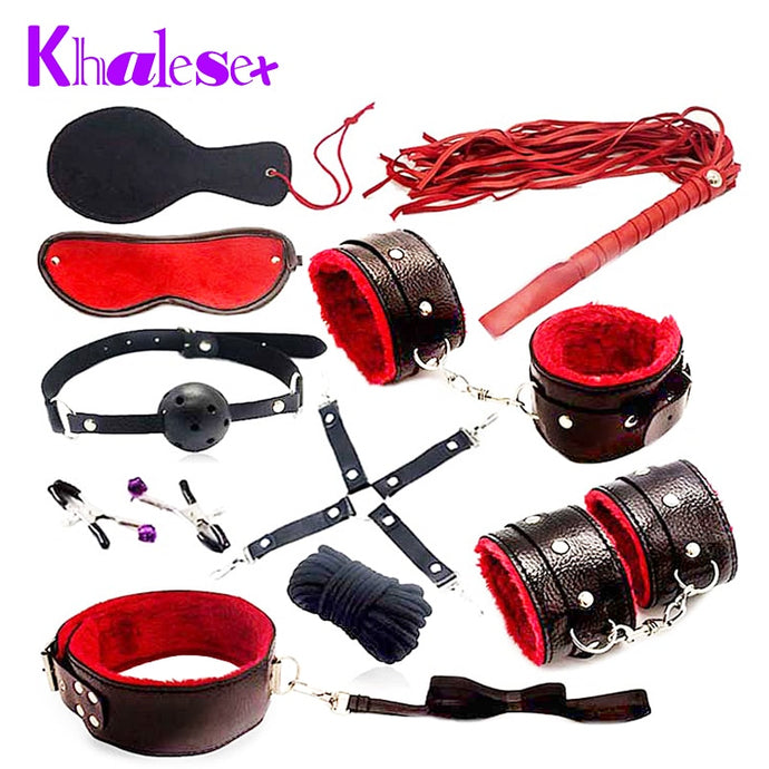 Khalesex 10 Pcs/set Sex Bondage Fetish Restraints Slave Woman Adult Sex Toys for Couples Handcuffs Whip Rope Eye Mask Sex Shop