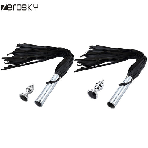 Zerosky PU Leather Sex Whip Flogger Ass Spanking With Metal Anal Plug Slave Bondage Sex Toys for Women Men Adults Games